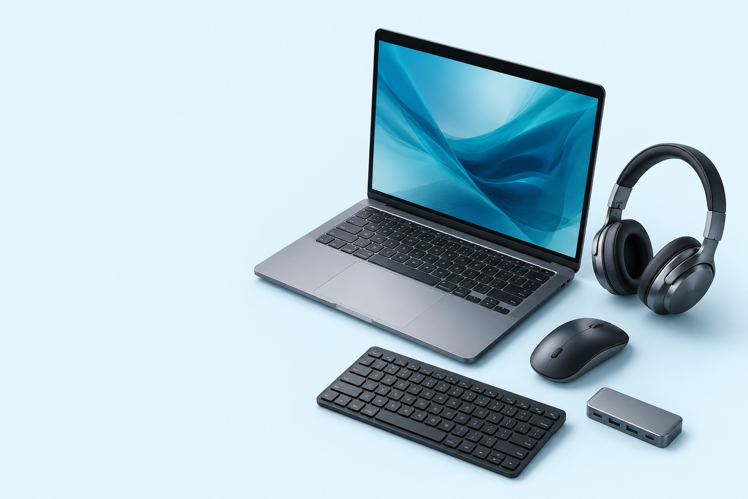 Notebook, mouse, teclado y accesorios de computación